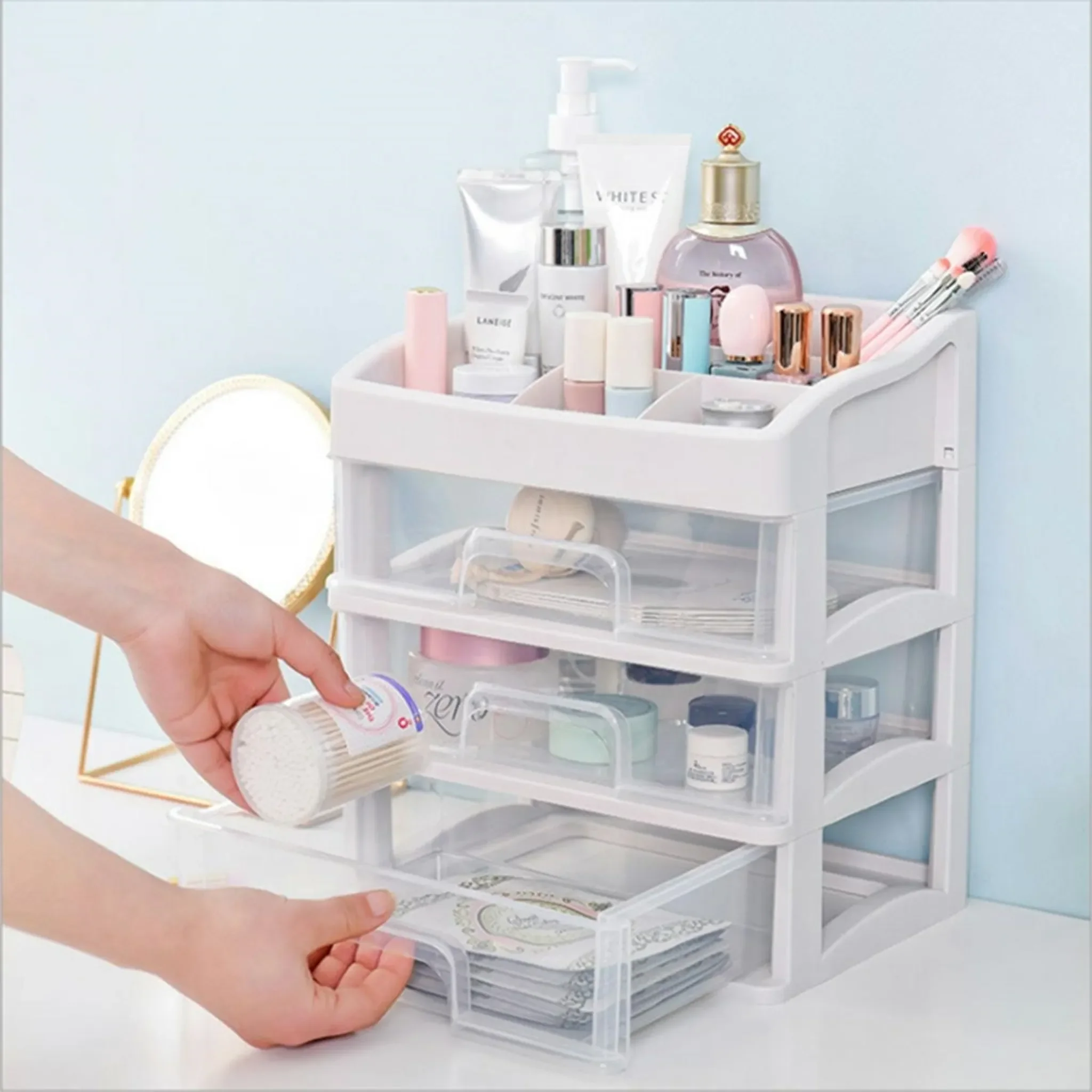 APT® Kosmetik-Organizer mit 3 Schubladen – Weiß/Transparent